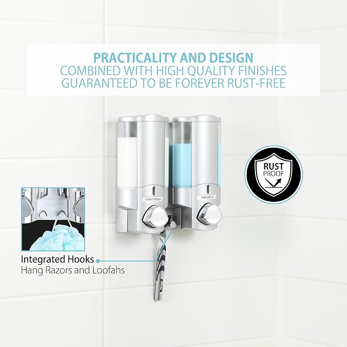 Better Living Aviva Wall Mount Shower Dispenser, 2 x 11oz, Satin Silver | 2 Chamber, Shampoo, Conditioner, Body Wash and Soap Dispenser, Built-in Hooks, No Drill, Waterproof Shampoo Soap Dispenser