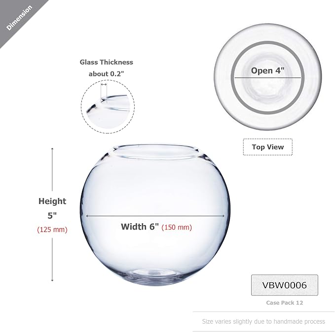 WGV Bowl Glass Vase, Diameter 6", Height 5", Open Width 4", (Multiple Sizes Choices) Clear Bubble Planter Terrarium Fish Bowl for Wedding Event Home Decor, 1 Piece (VBW0006)