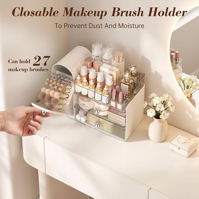 Delamu Makeup Organizer for Vanity with Closed Brush Holder, Large Bathroom Counter Organizer with Drawers, Skincare Organizers for Countertop, Storage Perfume Cosmetic Beauty, Girl Gifts (White)