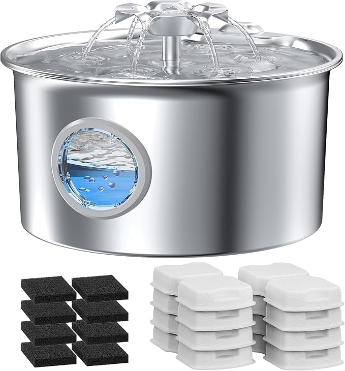 Pet Water Fountain Stainless Steel: Cat Fountain with 8 Filters & 8 Sponges | 88oz/2.6L Pet Fountain for Cats Indoor - Quiet Cats Dispenser - Cats Feeding & Watering Supplies - Gifts for Small Animals