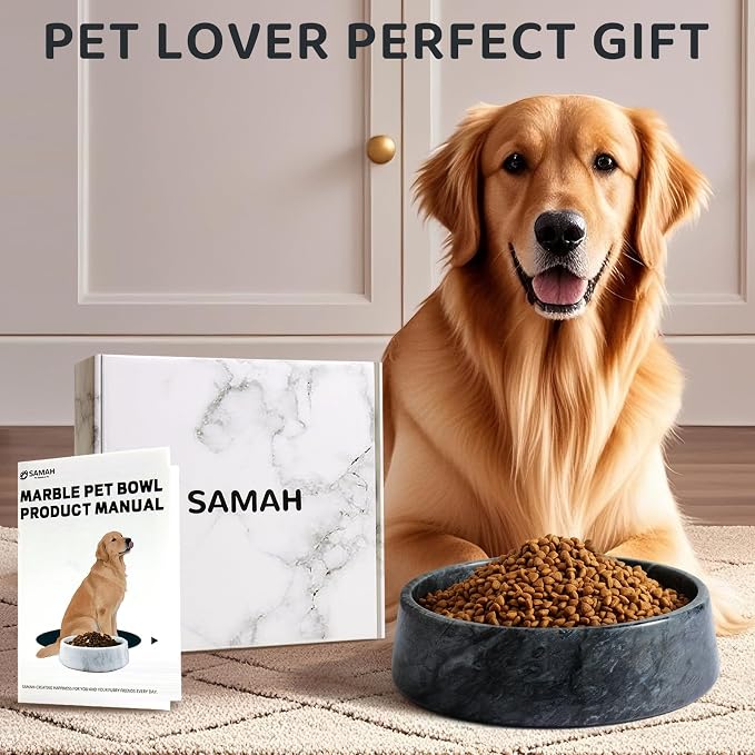 SAMAH Black Marble Dog Bowl, Non-Slip Non-Tipping Heavy Dog Food Bowl, Large Weighted Stone Dish, Natural Marble Dog Water Bowl, Easy to Clean, Gifts for Cat & Dog Lovers, Holds 6 Cups(6 lbs)