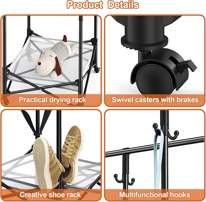 Foldable Collapsible Rolling Clothes Drying Rack,Adjustable Double Rods Laundry Airer(33.1–56.7"),Carbon Steel Pipe Standing Garment Rack for Indoor Outdoor Laundry Room (Black, B)