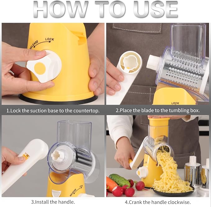 Cambom Rotary Cheese Grater Hand Crank Cheese Shredder for Fresh Cheese, Vegetable, Nuts,Non-slip Suction Base, Free Cleaning Brush Three Blades,Yellow