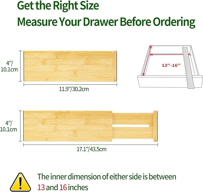 VaeFae 6 Pack Bamboo Drawer Dividers, 4" High Adjustable 11.9-17.1" Clothes Drawer Organizers, Expandable Separators for Bedroom/Bathroom/Kitchen/Office Storage