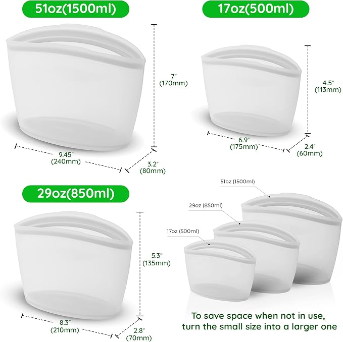 Reusable Silicone Food Storage Bags, 3-Pack Variety Set (2, 3.5, 6 Cups), Made in Korea BPA-Free Silicone, Triple-Airtight Freezer Bags, Microwave Safe, Sous Vide, Zip Lock Pouch, White