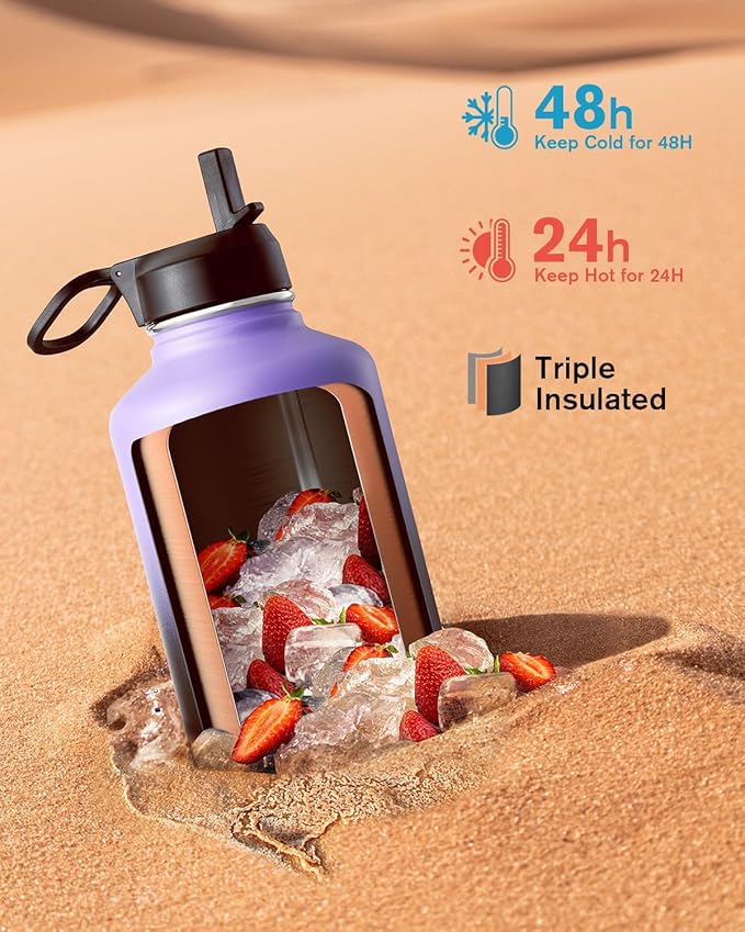 Coolflask Half Gallon Water Bottle Insulated with Straw & 3 Lids, 64 oz Water Jug Large Metal Stainless Steel Wide Mouth for Sports, Gym or Office, Non-BPA Keep Cold 48H Hot 24H, Purple Black