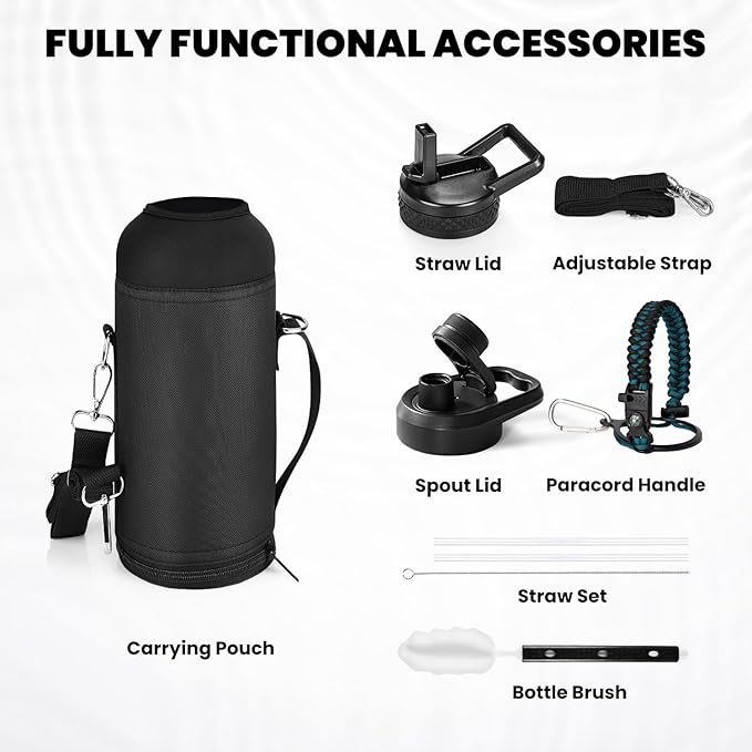 RAYMYLO Insulated Water Bottle 40 oz, Triple Wall Vacuum Stainless Steel (Cold for 36Hrs, Hot for 18Hrs), Leak Proof & Non-BPA, Modern Water Flask Jug with Paracord Handle & Straw Spout Lids