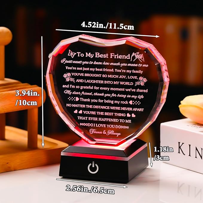 Arikyrist Best Friend Birthday Gifts with LED Base Crystal Heart Friendship BFF Gifts for Women Best Friend Bestie Gift Ideas for Women Gift for Female Friends on Christmas Wedding Valentine's Day