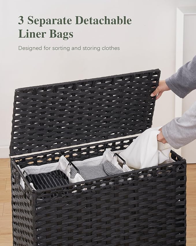 SETVSON Laundry Hamper with Lid, 35 Gal 3-Bag Clothes Sorter, Black | Large Family Laundry Trunk with Lid, 3 Compartment Sorting Liner, 6 Wash Bags, Elevated PE Rattan Bin with Handles