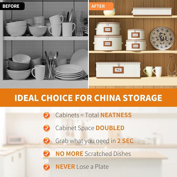 Aokeyee 6-Piece China Storage Containers Set, Hard Shell Moving Boxes for Dishes, Plates, Mugs & Flatware – Dinnerware Organizer with Soft Felt Dividers, Sturdy Handles & Zippers, Ivory