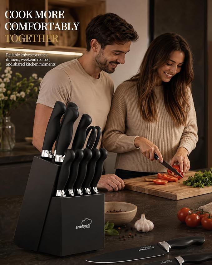 Knife Set 15 Piece Kitchen Knife Set with Block | Built in Sharpener, German Stainless Steel, Dishwasher Safe, Black Kitchen Knives Complete Set, For Home Cooking & Gifting