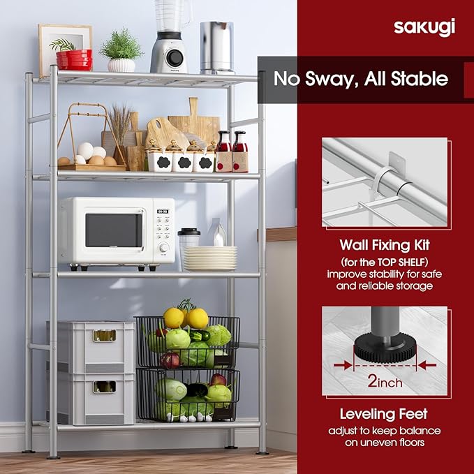 Sakugi Storage Shelves - 4 Tier Shelf Organizer, Heavy Duty Garage Shelving Unit with Leveling Feet, Stable Metal Shelves Organizer for Pantry, Kitchen and Closet, 33.0" W x 12.6" D x 57.2" H, Silver