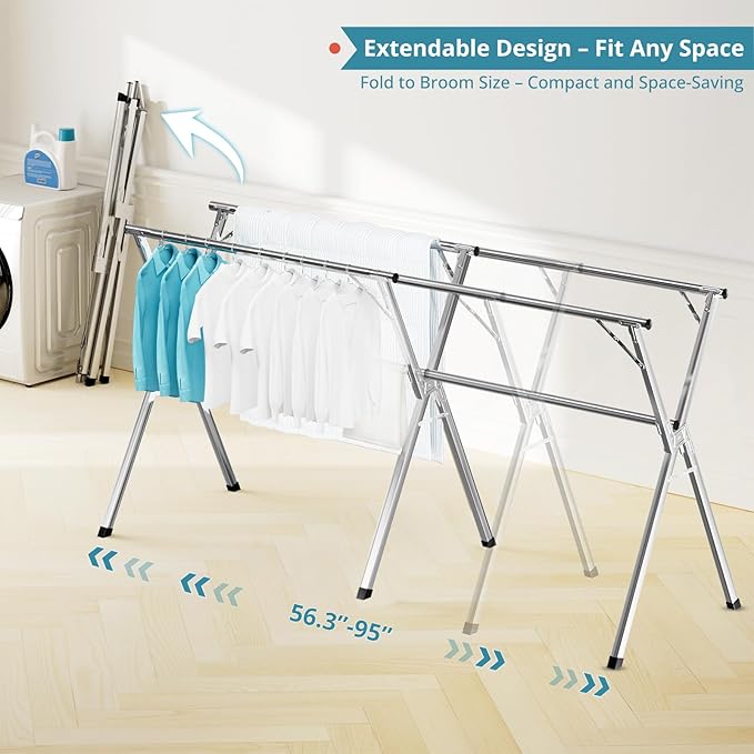 JAUREE 95 Inches Clothes Drying Rack, Drying Rack Clothing Folding Indoor Outdoor, Heavy Duty Stainless Steel Laundry Rack, Foldable Portable Large Clothes Rack Garment Rack with 20 Windproof Hooks
