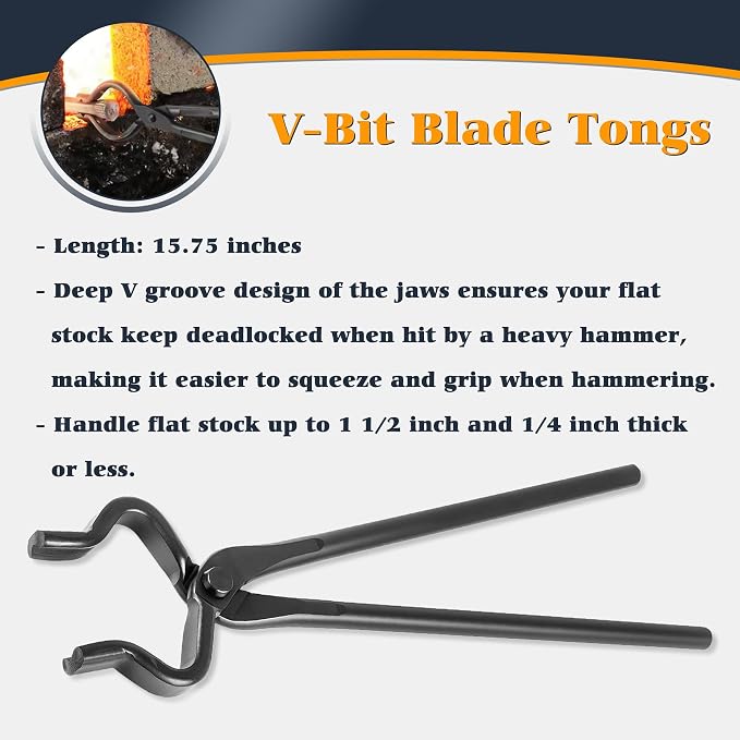 Blacksmith Tongs - V-Bit, Flat, Blade, Square Jaw, Wolf Jaw (5PCS) | Knife Making Forge Tong Set Assembled Steel Blacksmithing Bladesmith Bladesmithing