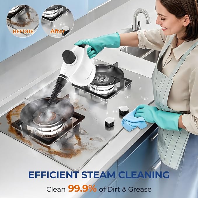 Steam Cleaner, Pressurized Handheld 13pcs Multi-Purpose Natural Deep Cleaning Steamer, Portable Steamer for Cleaning Home, Grout, Kitchen, Car, Window, Upholstery, Bathroom and Clothes, White