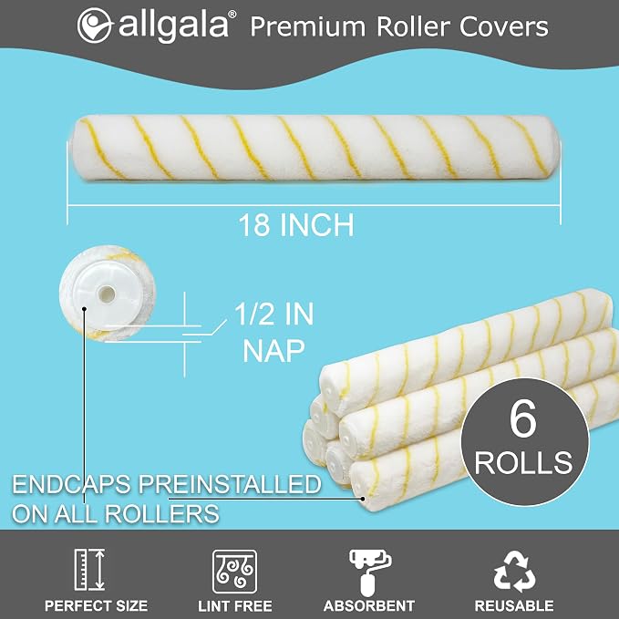 Allgala 18 Inch Shedless Lint Free Paint Roller Covers with End Caps -6PK-TH10319