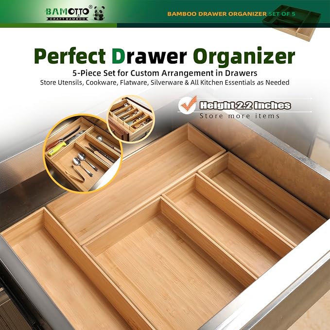 BAMOTTO CRAFTBAMBOO Stack Bamboo Drawer Organizer Set of 5, Kitchen Utensil, Flatware&Silverware Organizer-Wood Laminated Stackable for Kitchen, Bedroom, 13.4''x4.5''*2+10.2''x3.3''*2+10.2''x6.7''*1