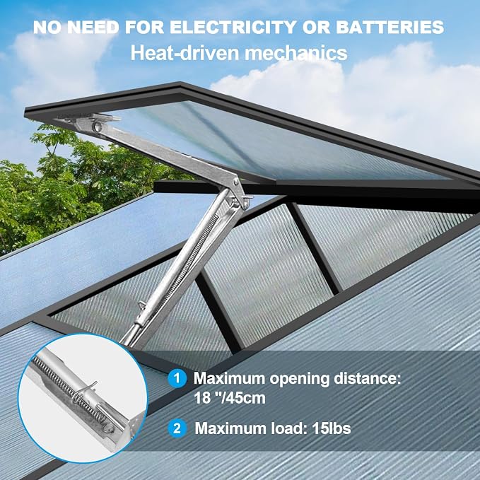 Greenhouse Vent Automatic Opener Auto Roof Vent Opener Greenhouse Window Opener Solar Heat Sensitive Auto Vent Kit for Ventilation Greenhouse Accessories Gardening Tools (Single Spring Lifts 15 Lbs)