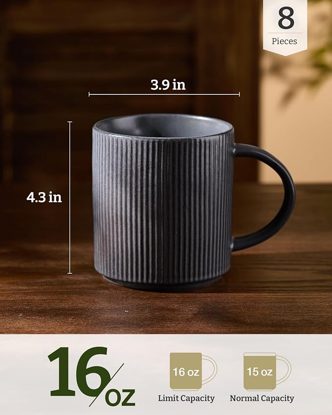 famiware Coffee Mug Set for 8, Star 16 oz Catering Mugs Cup Set with Handle for Coffee, Tea, Cocoa, Milk - Ceramic Stoneware Drinkware Set, Matte Dark Charcoal