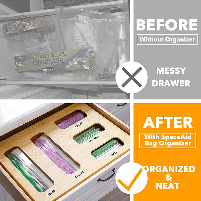 SpaceAid Bag Storage Organizer for Kitchen Drawer, Bamboo Organizer, Compatible with Gallon, Quart, Sandwich and Snack Variety Size Bag (1 Box 5 Slots)