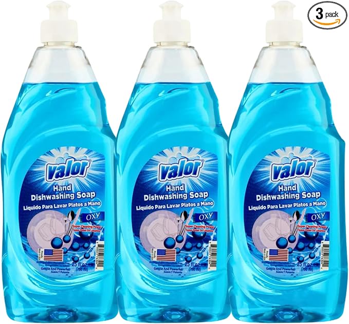 Valor Dishwashing Liquid, 25 fl oz – Dish Soap for Kitchen & Bathroom, Grease-Fighting, Gentle on Hands, Fast Rinse, Eco-Friendly Biodegradable Formula (25.5 oz (Pack of 3), Oxy Power)