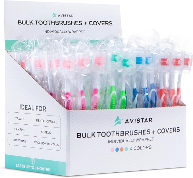 104 Pack Bulk Toothbrushes w/ Cover Caps, Individually Wrapped Disposable Travel Toothbrush, Value Size, Long Lasting 3+ Months, Med-Soft Manual Teeth Brush Bristles, 4 Colors (Red Green Blue Pink)