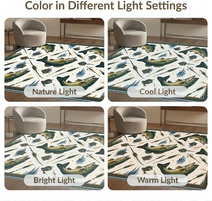 8'x10' Washable Area Rug Bass Lake Lure Tackle Reel Motif Border Angler Hook Fish Fishing Refined for King Size Bedroom, Master Suite, Under Bed, Foldable Easy Care