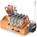 Bamboo Charging Station for Multiple Devices with 5 Port USB Charger, 5 Charger Cables and Smart Watch Stand. Wood Desktop Dock Stations Electronic Organizer for Cell Phone, Tablet, Watch, Office