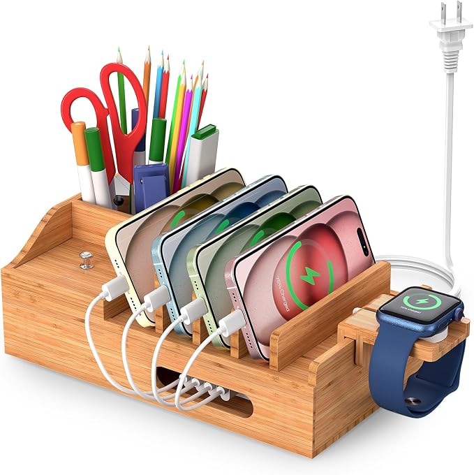 Bamboo Charging Station for Multiple Devices with 5 Port USB Charger, 5 Charger Cables and Smart Watch Stand. Wood Desktop Dock Stations Electronic Organizer for Cell Phone, Tablet, Watch, Office