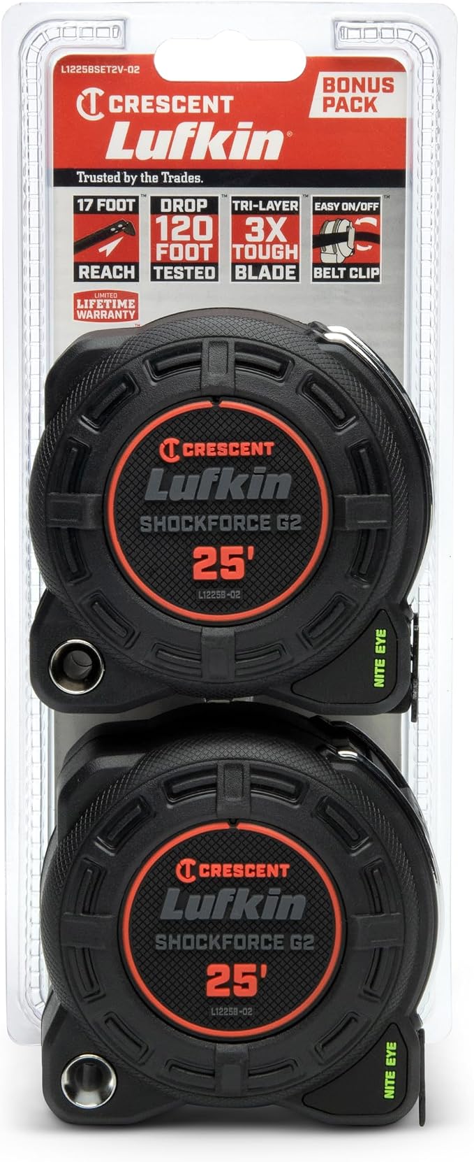 Lufkin Crescent Shockforce G2 25-ft Nite Eye, 2 Pack Tape Measure Set - L1225BSET2V-02