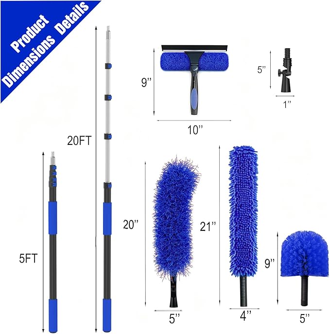 26FT Reach Duster Kit, Window Cleaning with 5-20FT Telescoping Extension Pole, High Ceiling Duster, Microfiber Feather Duster, Cobweb Duster, Window Squeegee, Feather Duster, Extendable Pole Kit