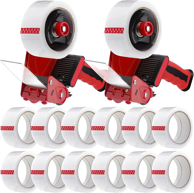 Dunzoom 2 Pack Packing Tape Dispenser Gun with 12 Roll Packing Tape 2 Inch Gun 2.7 Mil Heavy Duty Packaging for Shipping, Moving, Carton and Box Sealing(Black and Red)