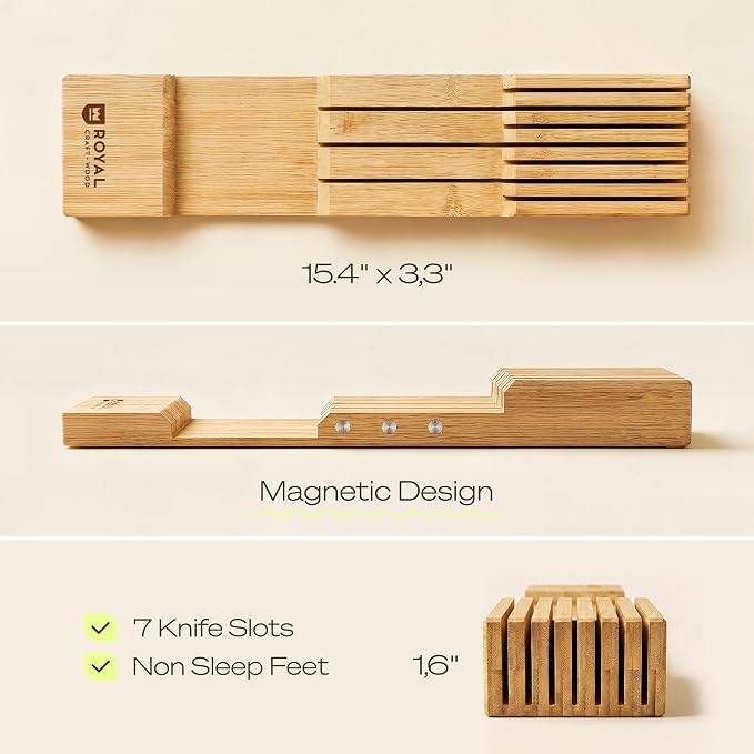Drawer Organizer for Kitchen Organization – Expandable Bamboo Silverware Drawer Organizer with Removable Knife Block, Bamboo Cutlery, Non-Slip Utensil Organizer with 7-Slot Knife Storage for Flatware
