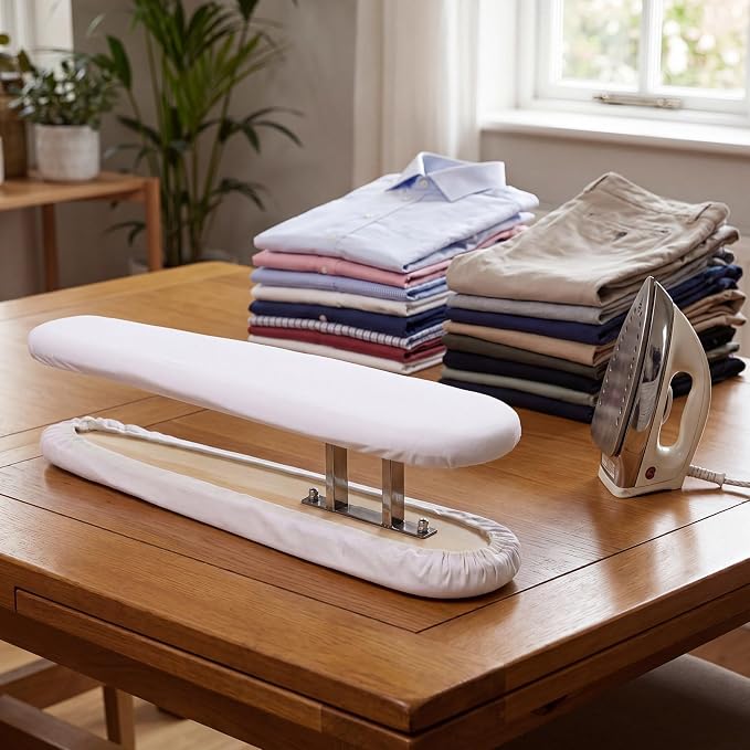 Dual Sided Sleeve Ironing Board for Sleeve Pressing,White | 21.6'' Mini Tabletop Board, Cotton Cover, Thick Pad, Metal Frame, Garment Care Surface for Sewing Laundry Pants Cuffs Collars