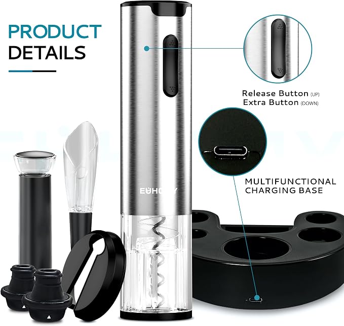 EUHOMY Electric Wine Opener with Charging Base, Wine Aerator Pourer and Foil Cutter, Stainless Steel Automatic Corkscrew Opener with Wine Vacuum Stopper, Fine Set for Wine Lovers