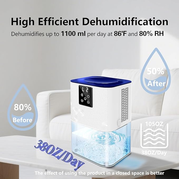 Dehumidifier, 3L/105oz Water Tank, 1100ml/Day, Bathroom Bedroom Basement RV, Ultra-Quiet 28dB Sleep Mode, Auto Shut-Off, Auto Defrost, 7-Color LED Light, Digital Display (White)