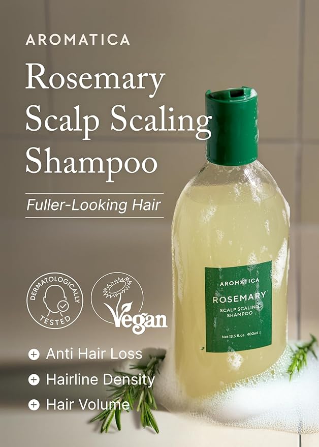 AROMATICA Rosemary Scalp Scaling Shampoo for Hair Growth - Korean Hair Care for Thinning Hair & Hair Loss, Natural Essential Oil, Vegan, Sulfate Silicone Paraben Free (13.53 oz)