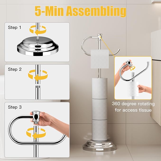 BESy Toilet Paper Holder Free Standing Bathroom Toilet Tissue Holder Stand for Floor Toilet Paper Roll Holder with Storage Hardware Accessories Rack Hand Towel Bar Polished Chrome Stainless Steel