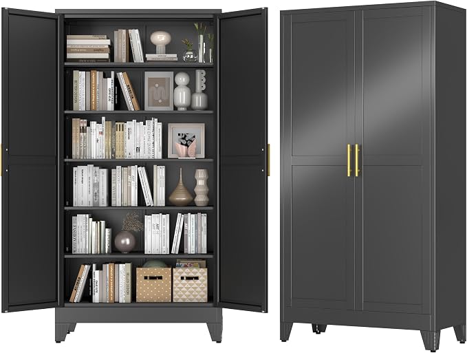 GAIOUS 79" Tall New Update Kitchen Pantry Cabinet, Metal Storage Cabinet | with 2 Doors and 5 Adjustable Shelves, Steel Cupboard for Kitchen Dining Bathroom Bedroom, Black, Freestanding, Wider Deeper