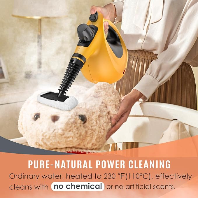 Phueut Pressurized Handheld Multi-Surface Natural Steam Cleaner with 12 pcs Accessories, Multi-Purpose Steamer for Home Use, Steamer for Cleaning Floor, Upholstery, Grout and Car (Orange)