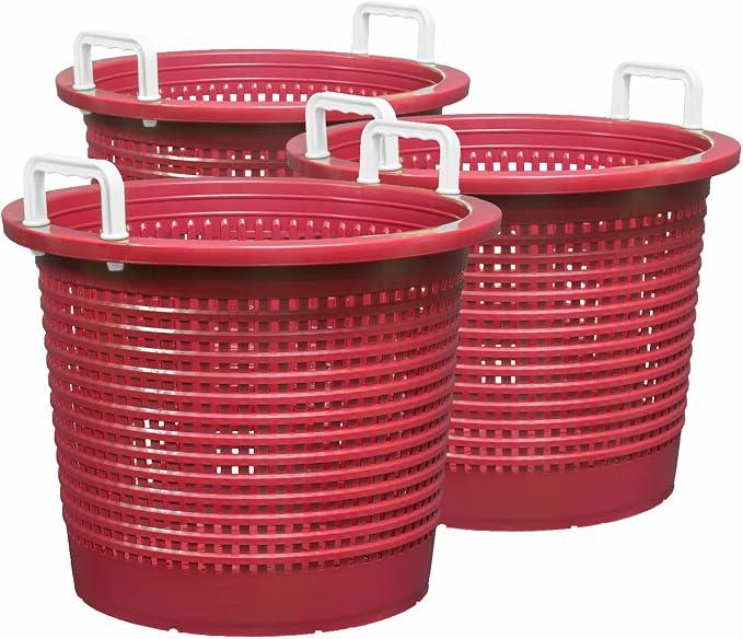 Large, Heavy Duty Fish Baskets, Maroon, White Handles, Made in USA, 3-Pack