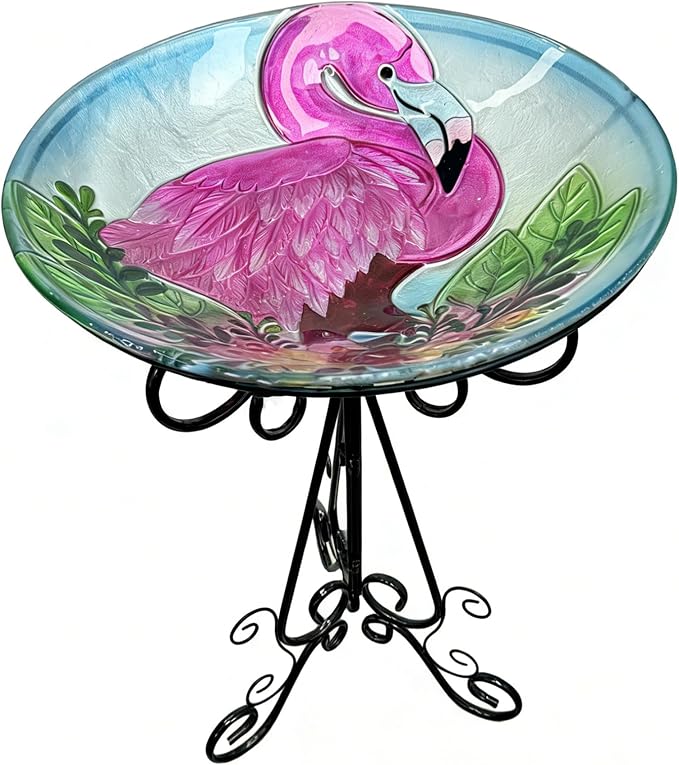 Large Glass Bird Bath with Metal Stand, Flamingo | 18" Wide Bowl, 3.2" Bathing Depth, Thick Glass Construction, Stable 3-Leg Base, Easy Clean Surface, Garden Decor