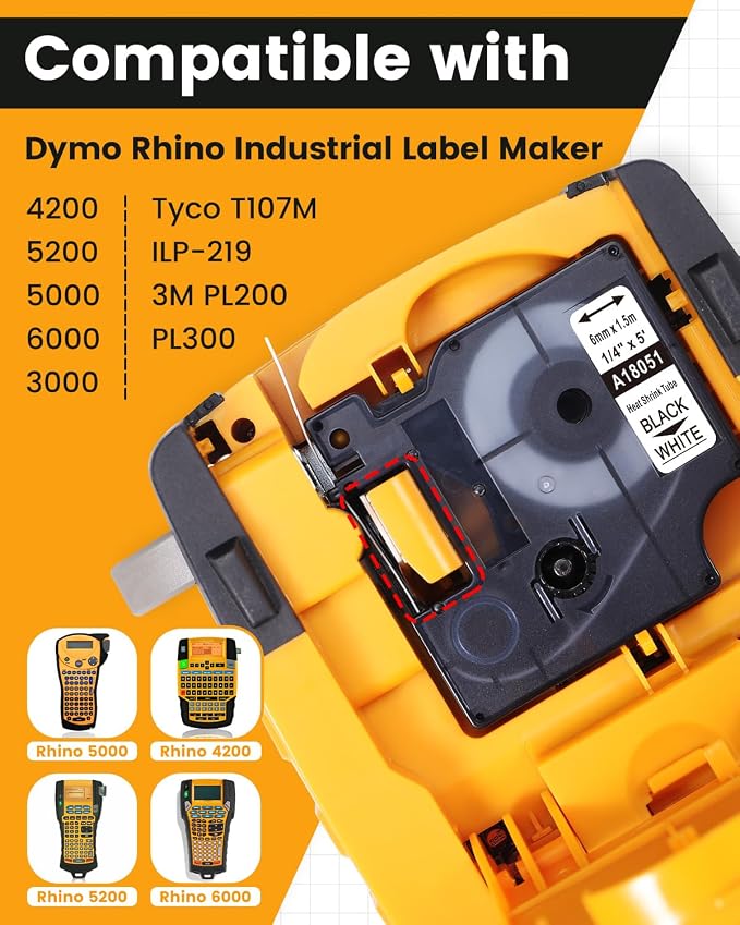 18051 Rhino 4200 Label Maker Heat Shrink Tube Tape 6mm | A18051 Compatible with Dymo 1/4" Rhino Heat Shrink Labels Replace for DYMO 4200, 5200, 5000, 6000, Black on White, 4-Pack