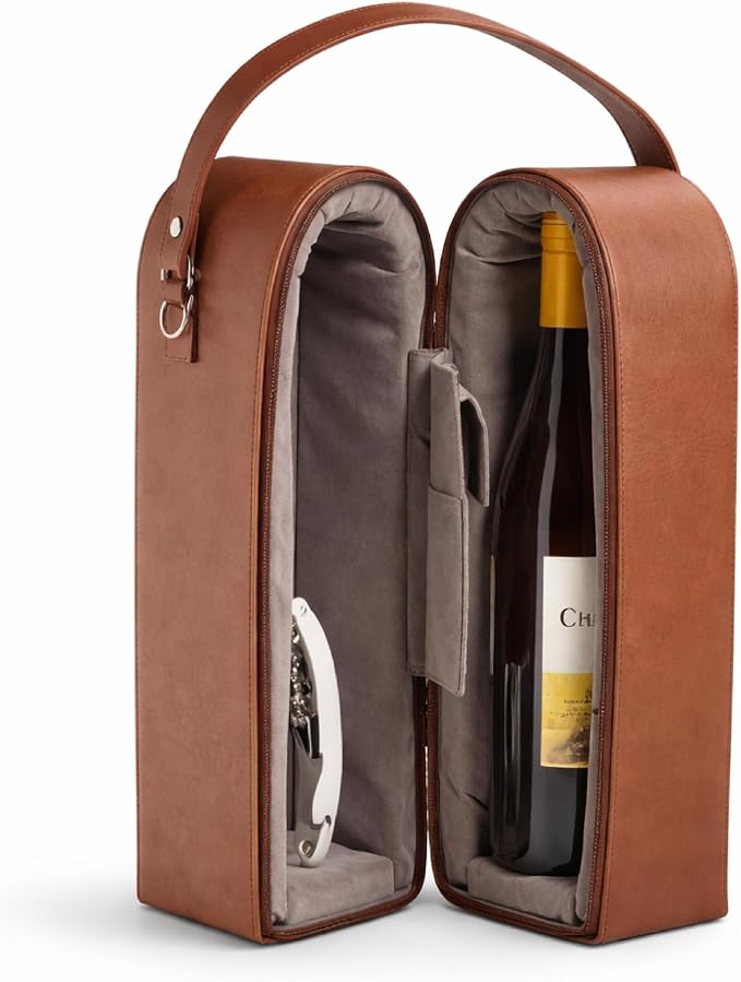 Bey-Berk Vino Brown Leather Double Wine Caddy, Two-Bottle Travel Case with Zipper Closure and Corkscrew Bar Tool