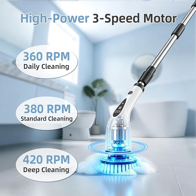 Electric Spin Scrubber, 3-Speed Cordless Cleaning Brush with 8 Brush Heads & Base, IPX7 Waterproof, Adjustable Long Handle, Digital Display, 2500mAh Fast Charging, for Bathroom, Tub, Tile, Floor