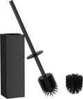 FORIOUS Tall Toilet Brush and Holder Set, Heavy Duty 304 Stainless Steel Base Square and Long Handle for Bathroom Deep Cleaning, Drip-Proof, Space Saving for Storage, 2 Toilet Bowl Brush Head, Black