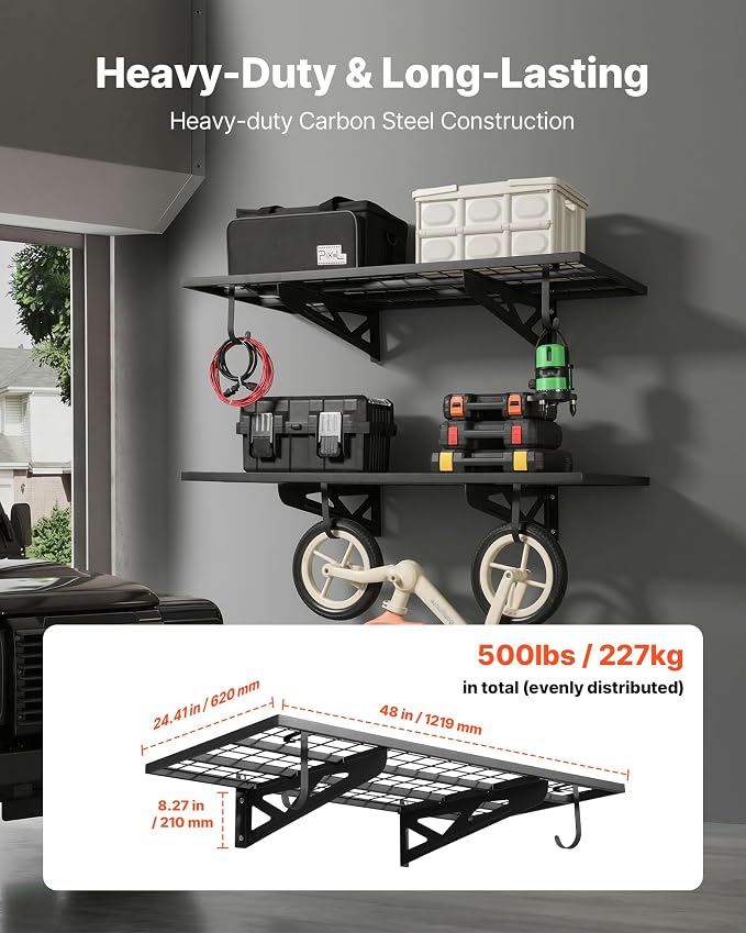 VEVOR 2-Pack Heavy Duty Garage Wall Shelving, 2 x 4 ft Steel Wall Mounted Shelving Unit with Hooks, 24 x 48 Inch Per Shelf Floating Storage Metal Rack for Garage, 500 lbs Total Weight Capacity