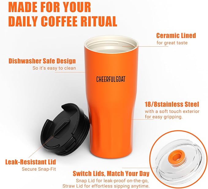 CHEERFUL GOAT Ceramic Lined Coffee Travel Mug – Stainless Steel Travel Coffee Tumbler with Ceramic Liner, with lid, 21 OZ Cup for Hot and Cold Water Coffee at Home, Office, or On the Go (Orange)