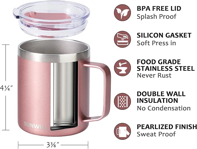 SUNWILL Travel Coffee Mug with Lid, Insulated Tumbler with Handle, 14 oz Stainless Steel Cup Set of 2 for Camping, Outdoor, Cool Grey & Rose Gold 2 Pack