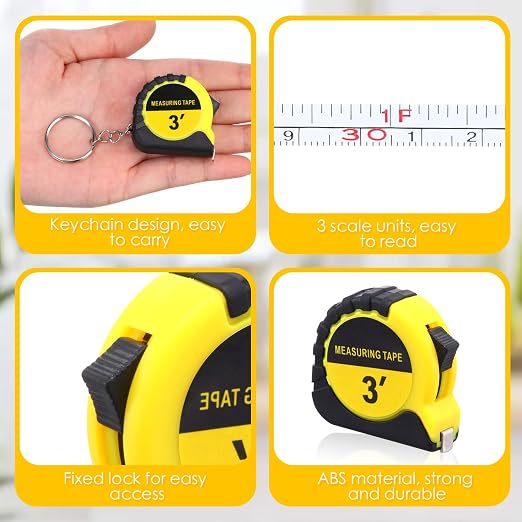 Kanayu 30 Pcs Mini Tape Measure Keychains 3 ft Small Retractable Measuring Tape Bulk with Lock Steel Easy Read Pocket for Birthday Party Favors Daily Use (Yellow)